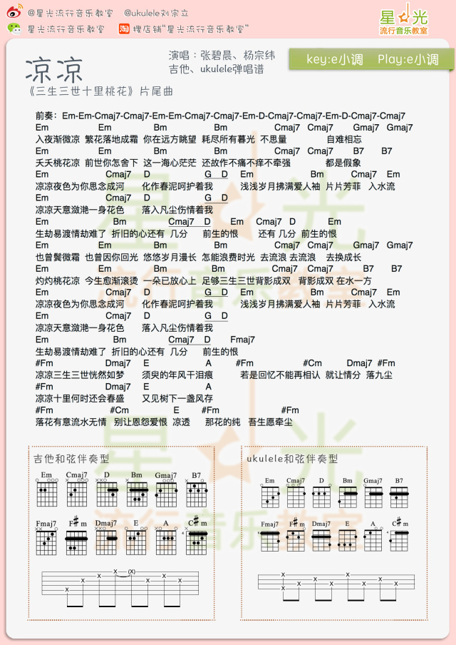 《凉凉》尤克里里指弹谱&教学 尤克里里吧