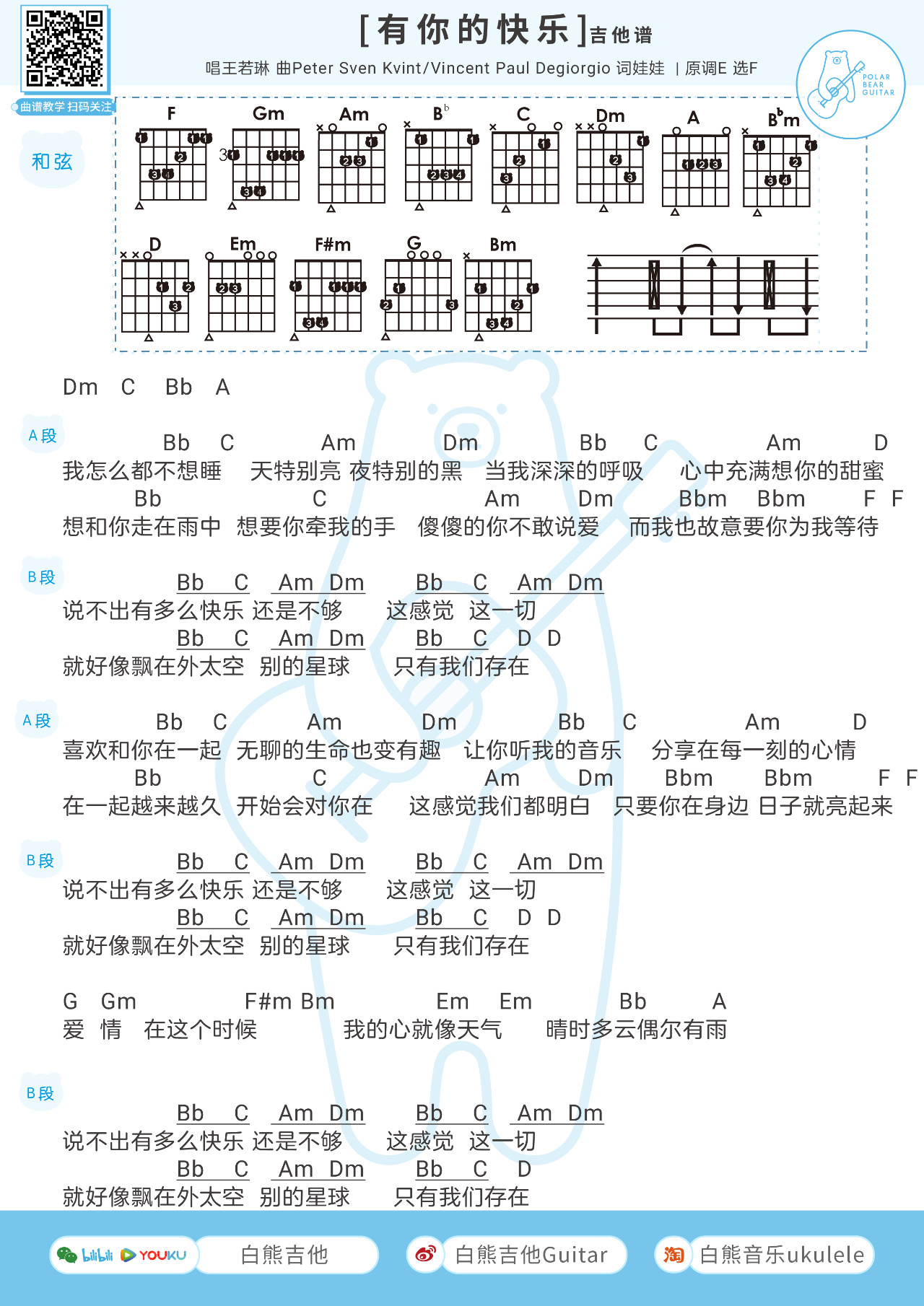 王若琳有你的快乐尤克里里谱吉他谱f调弹唱谱