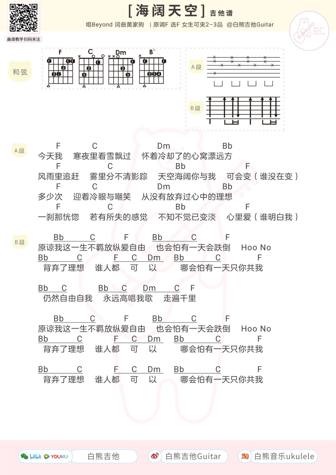 海闊天空尤克里裡譜吉他譜彈唱視頻教學女生版白熊音樂