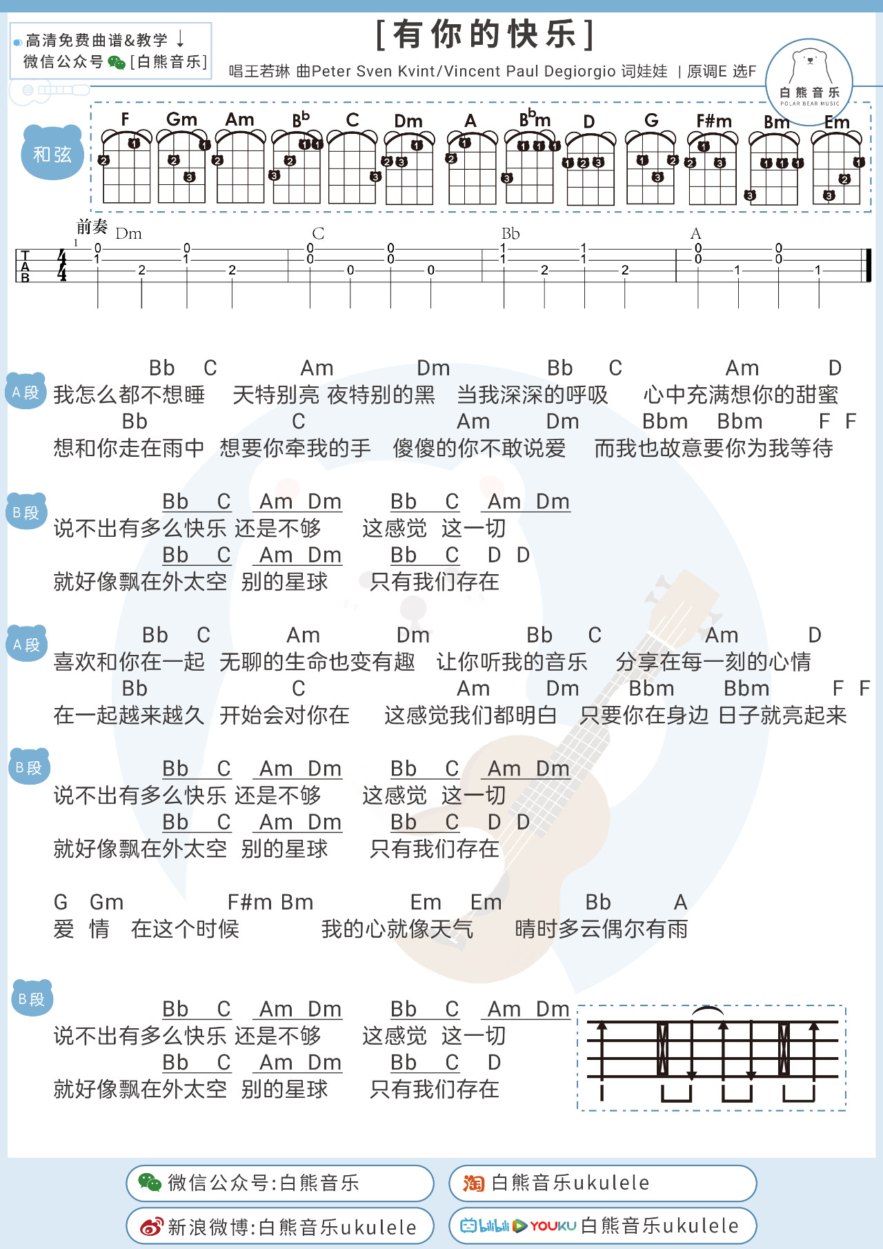 《有你的快乐》吉他简谱 - C调初级谱子 - 王若琳歌曲和弦谱(弹唱谱) - 吉他简谱