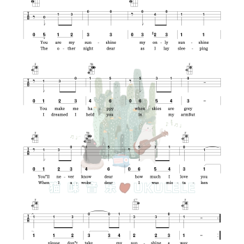 you are my sunshine尤克里里谱 Angelika Vee C调和弦指法ukulele弹唱谱(猫咪音乐)