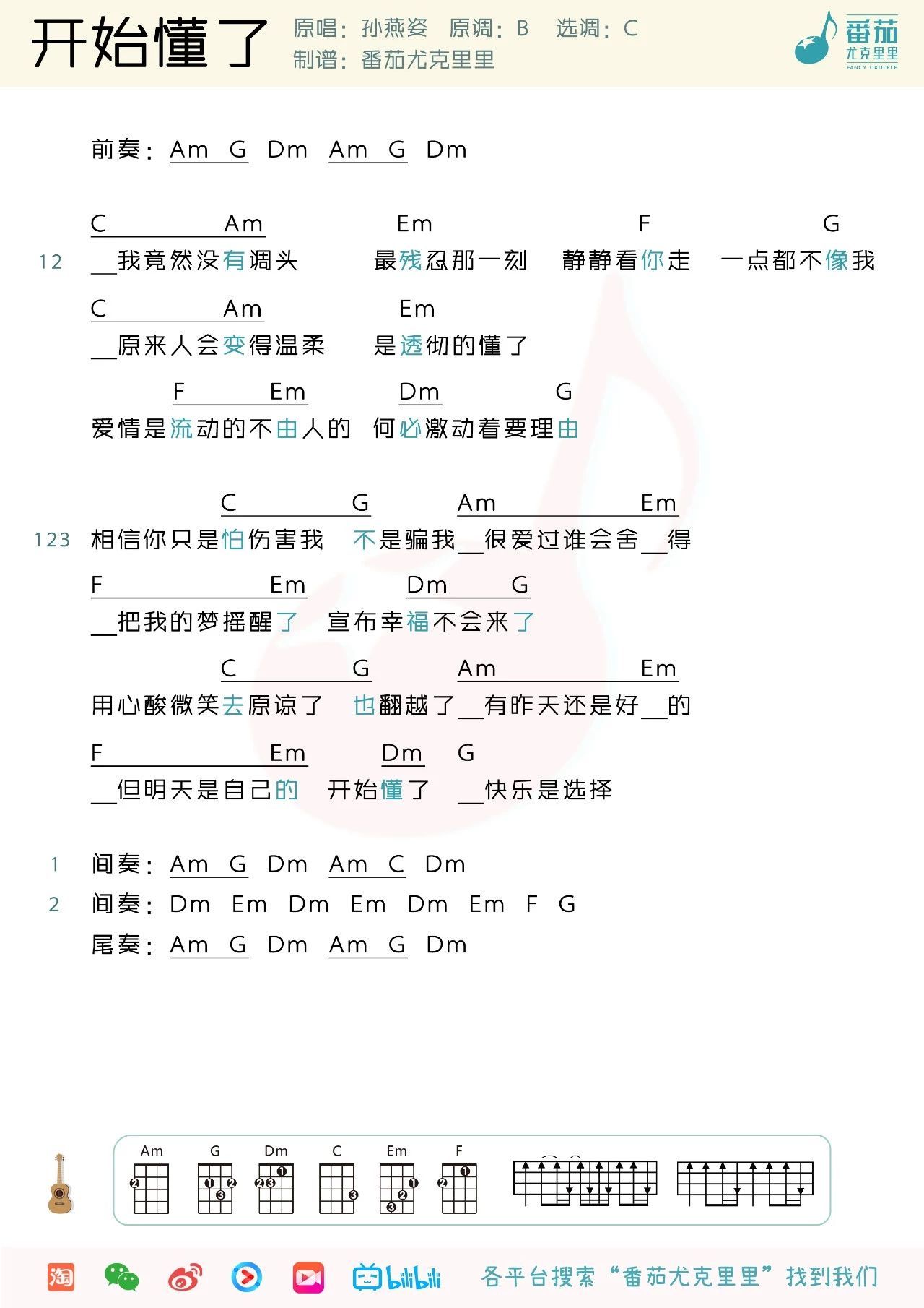 开始懂了尤克里里谱-番茄尤克里里编配-第1张