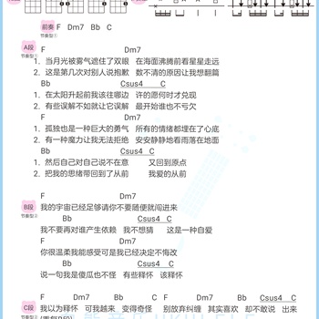 足够尤克里里谱 张栋梁/银河快递 F调和弦ukulele谱(白熊音乐)