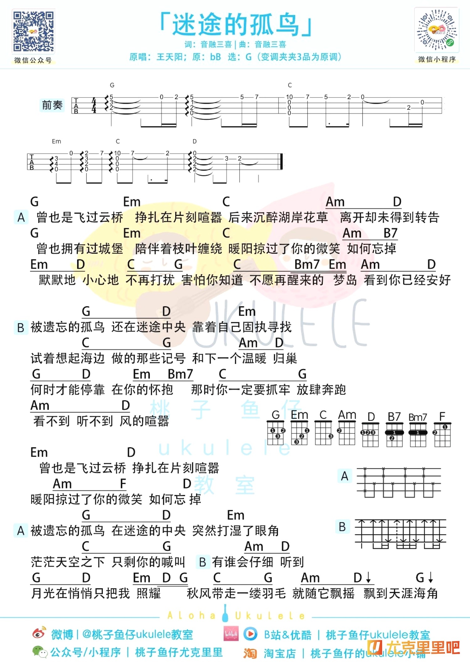 迷途的孤鸟尤克里里谱-桃子鱼仔教室编配-第1张